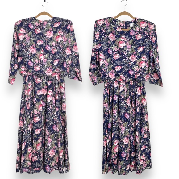 Enge’ collection vintage dress midi quarter length sleeves navy floral women's L - Picture 1 of 11